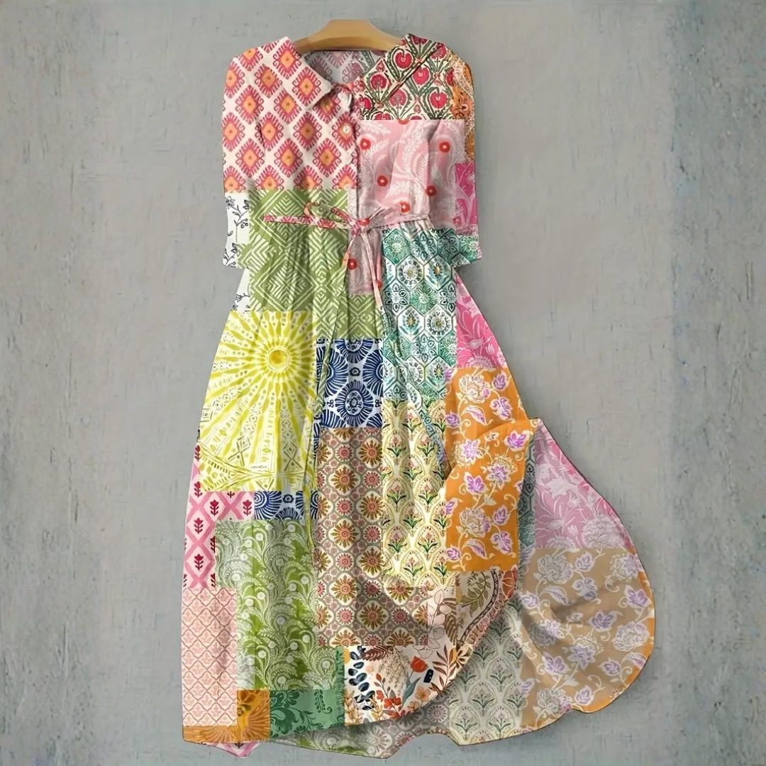 Jocasta | Patchwork Print Tie Waist Maxi Dress