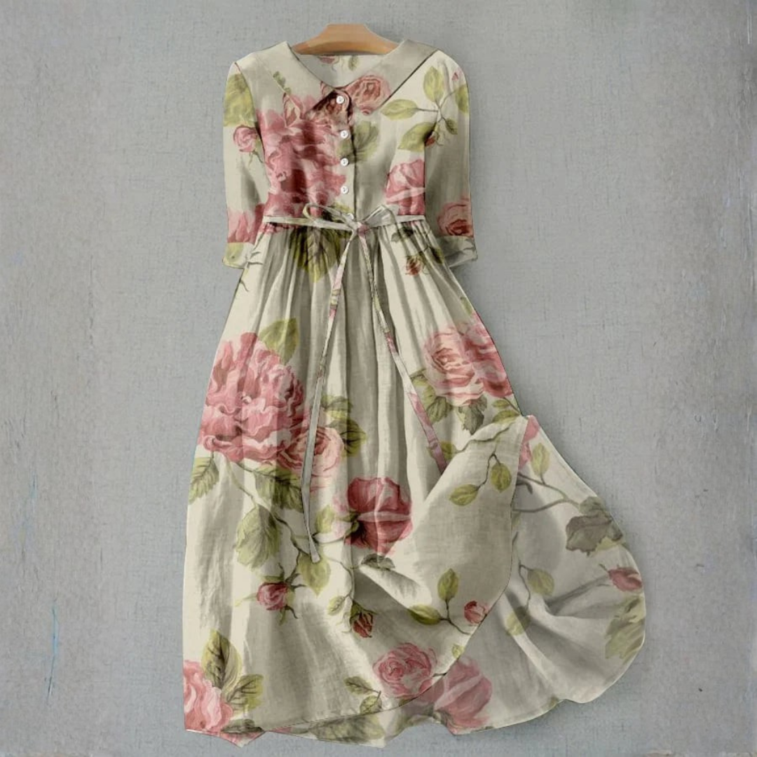 Rosalind | Vintage Rose Tie Waist Midi Dress