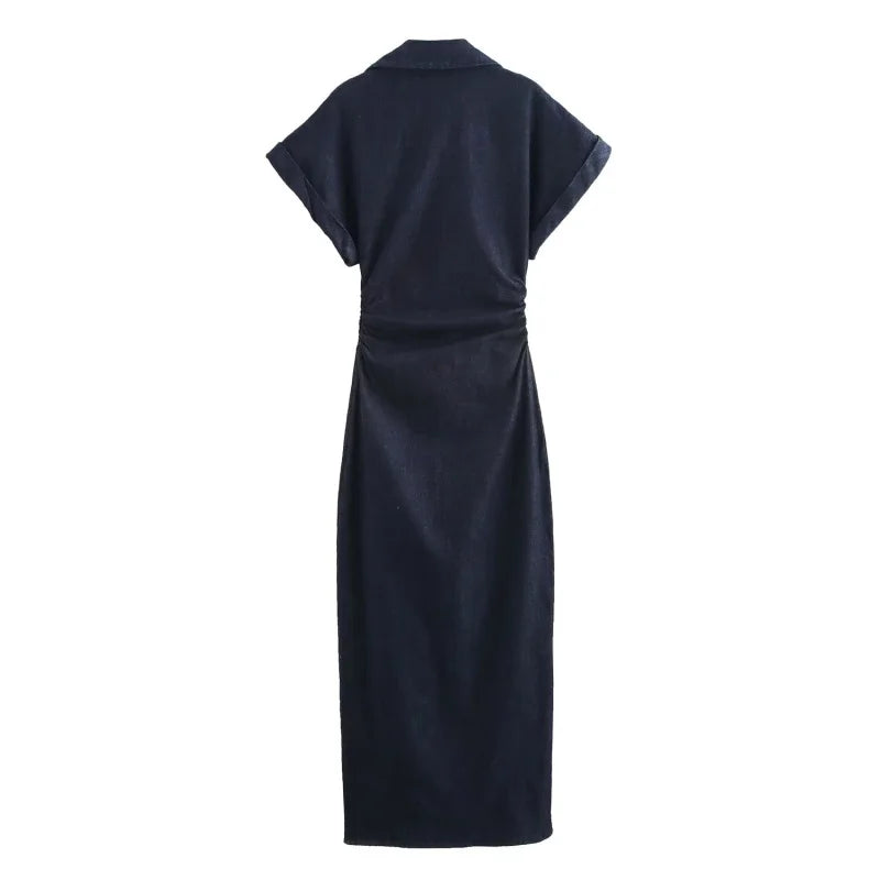 Women’s Denim Midi Dress | Ruched Waist | Fitted Dress