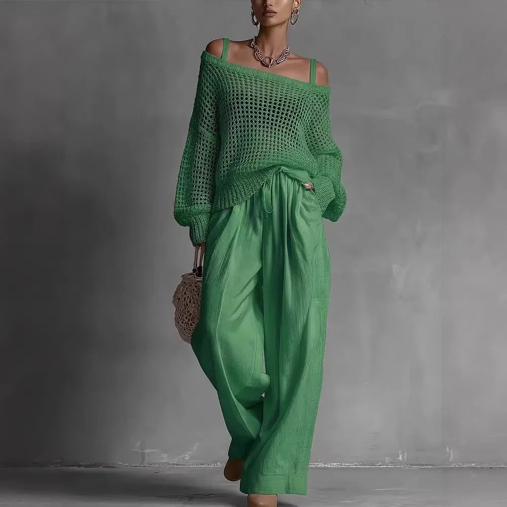 Rosalind | Open-Knit Bardot Top & Wide-Leg Trouser Co-ord Set