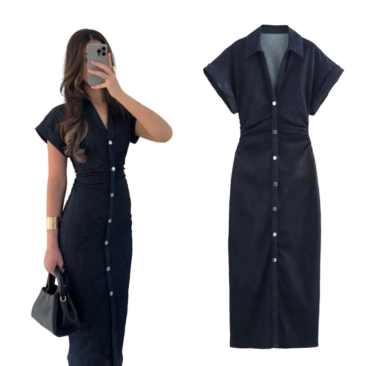 Women’s Denim Midi Dress | Ruched Waist | Fitted Dress