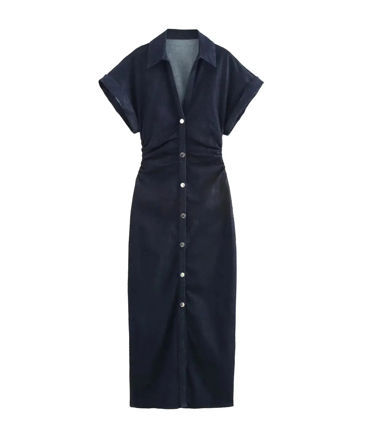 Women’s Denim Midi Dress | Ruched Waist | Fitted Dress