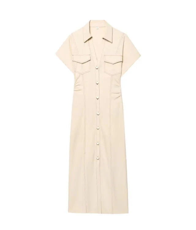 Women’s Denim Midi Dress | Ruched Waist | Fitted Dress