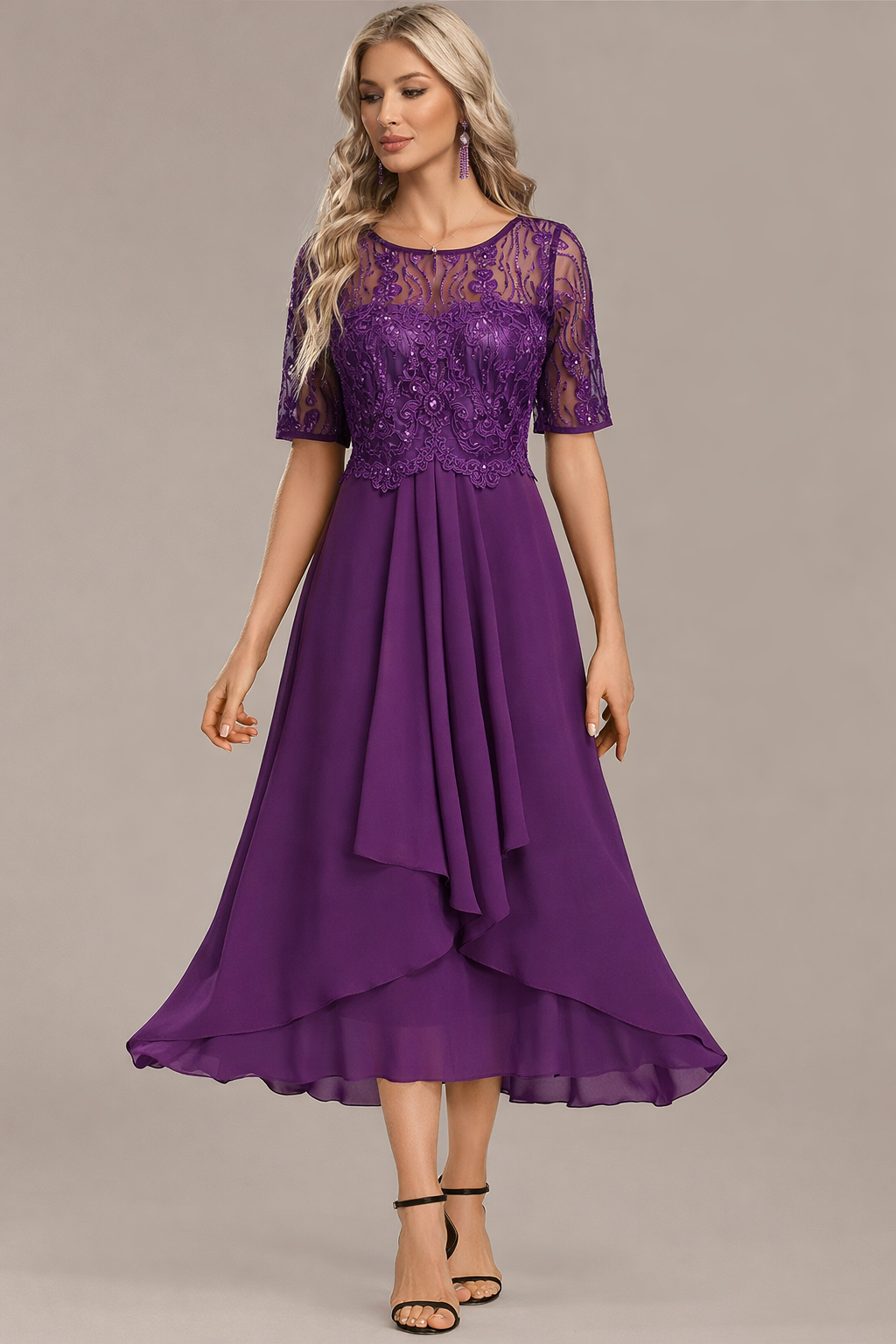 Sophie | Sequin Lace Bodice Chiffon Midi Dress