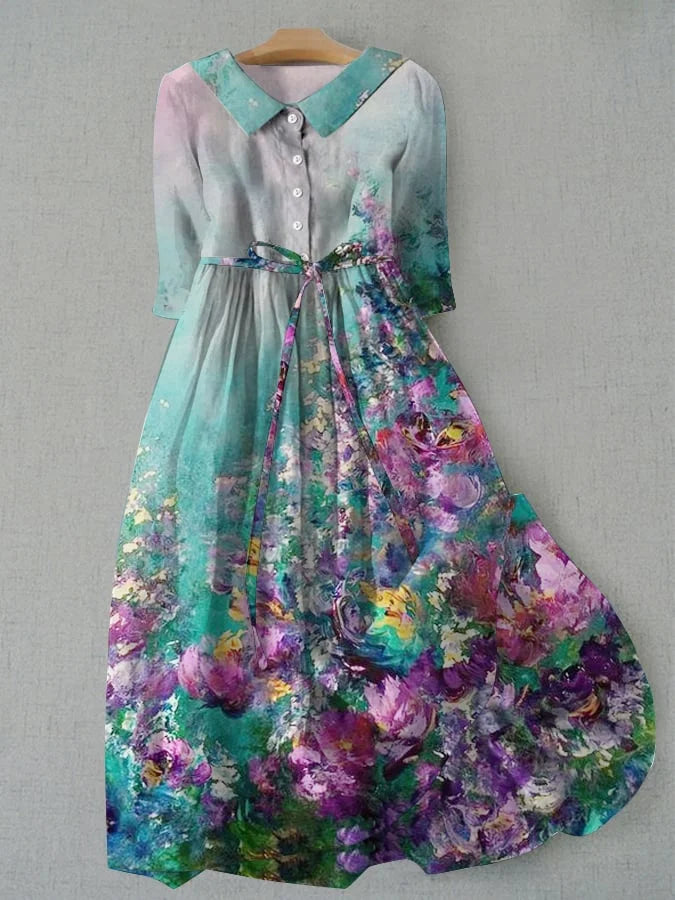 Tessa Dress - Vintage Floral Print, Adjustable Lace-Up Waist, Women's Summer Dress