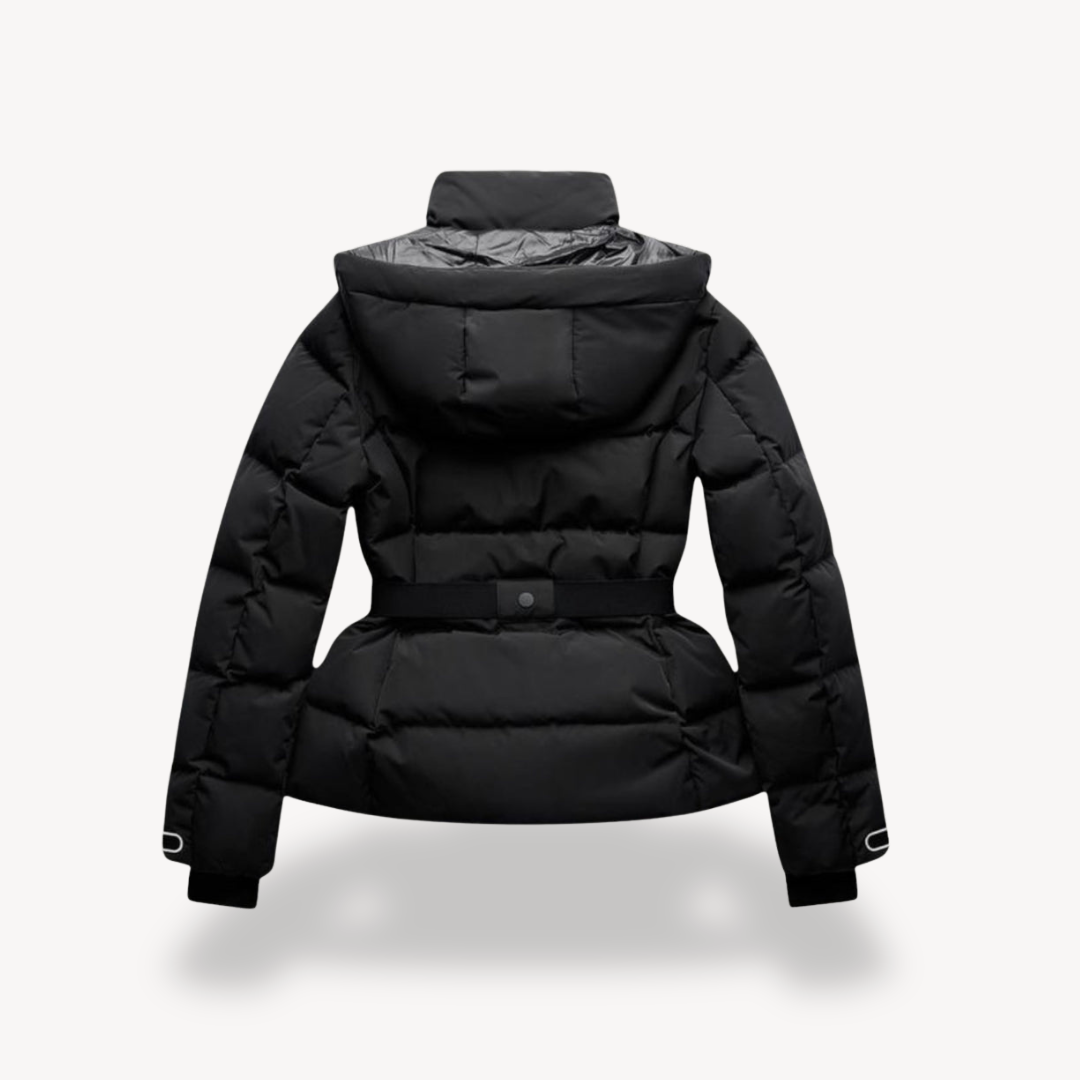 Women’s Black Puffer Jacket – Belted, Water-Resistant, Insulated