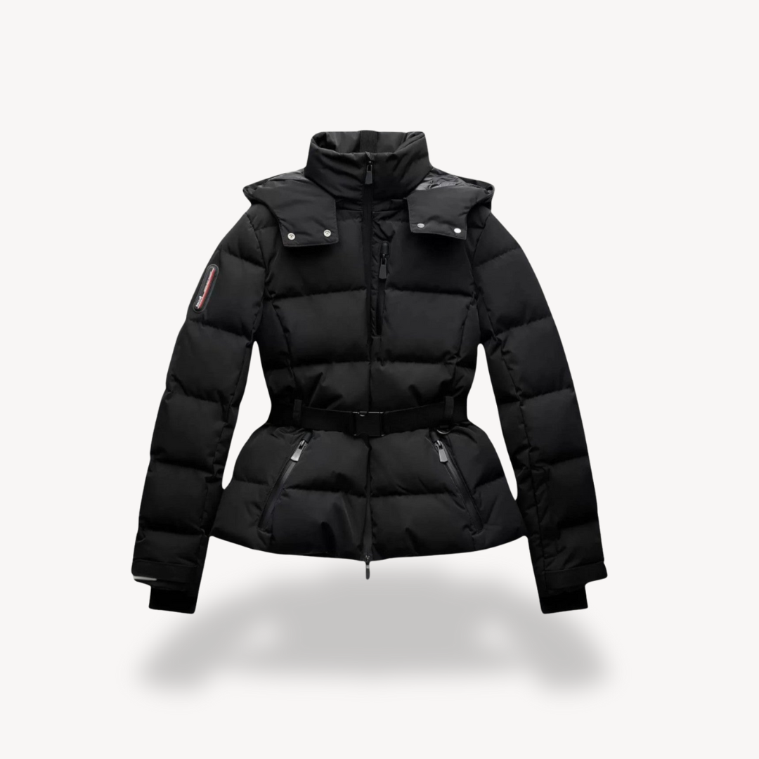 Women’s Black Puffer Jacket – Belted, Water-Resistant, Insulated