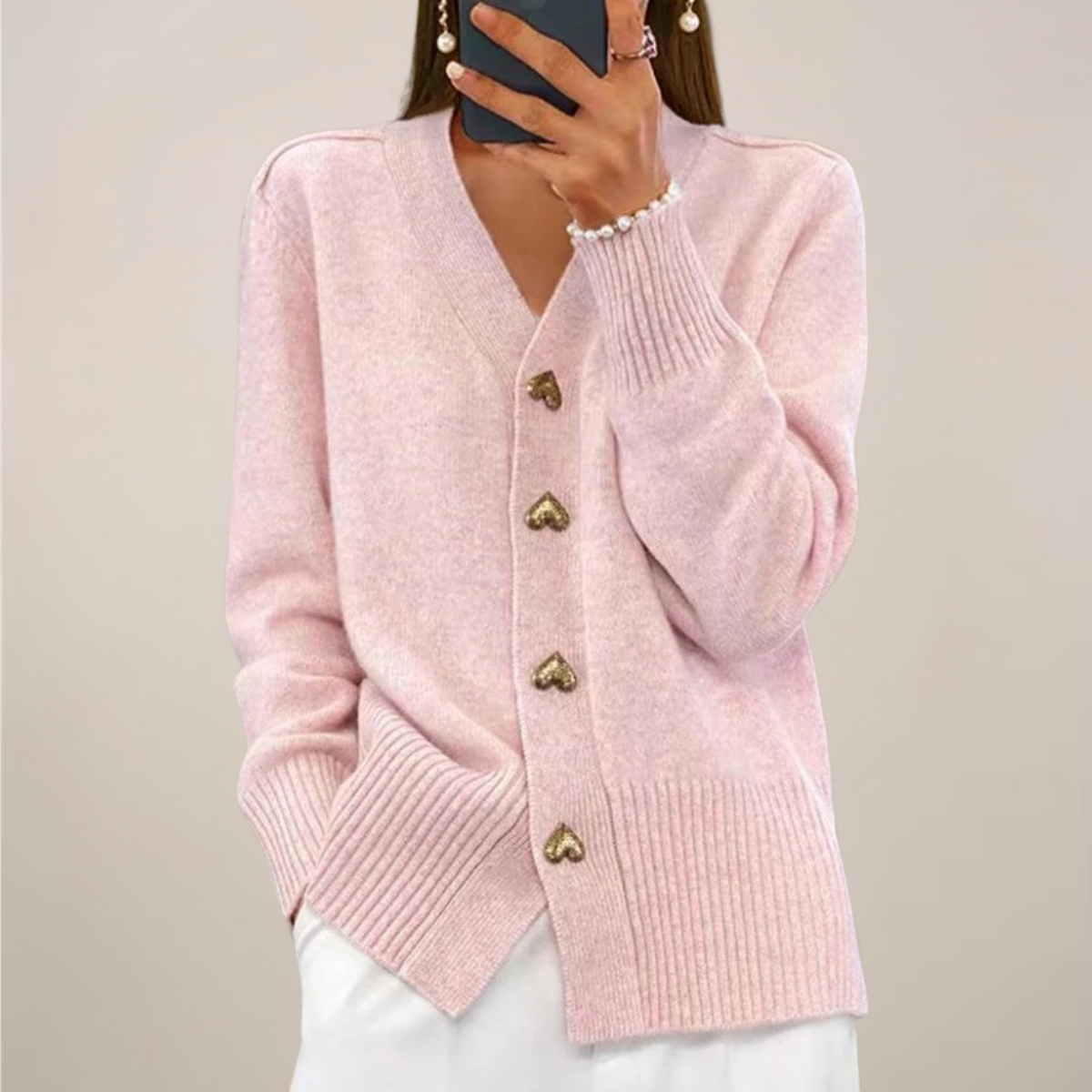 Women’s Cardigan – Gold Heart Button Detail, Elegant Layering Essential