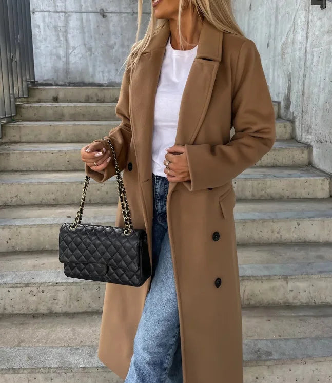 Women’s Long Double-Breasted Coat – Classic Belted Winter Overcoat