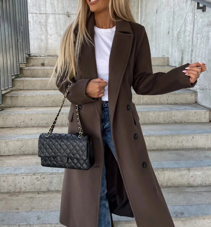 Women’s Long Double-Breasted Coat – Classic Belted Winter Overcoat