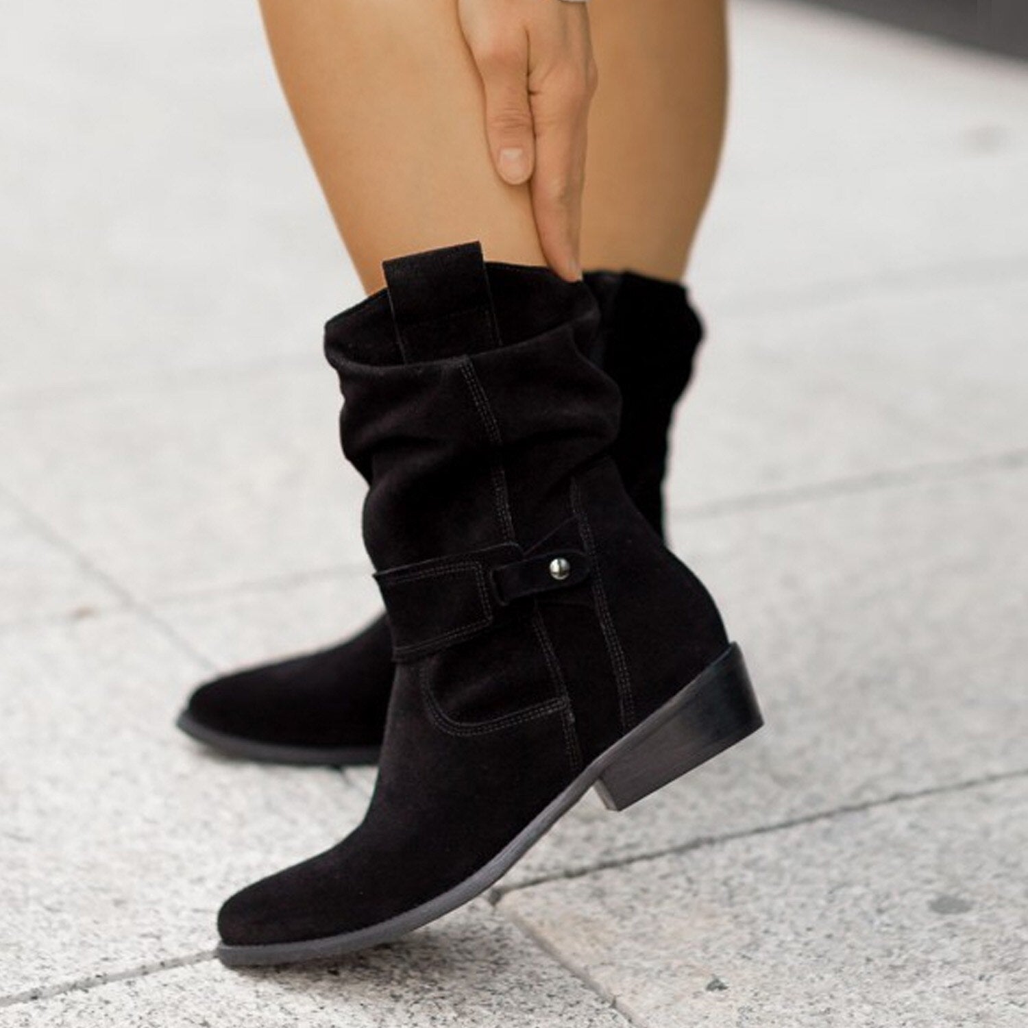 Women’s Mid-Calf Slouch Boots with Buckle Strap – Fall Casual Footwear