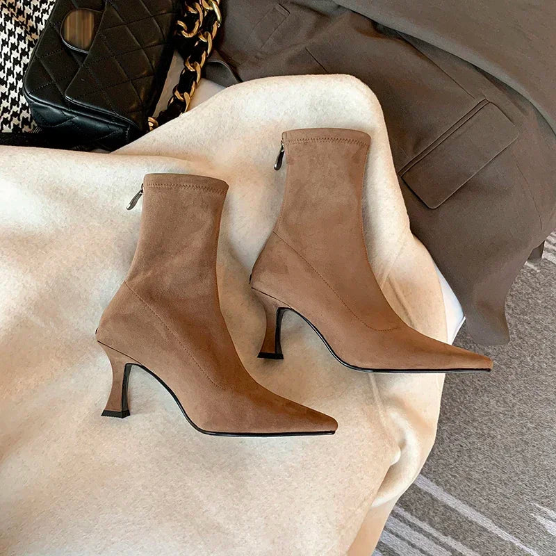 Women’s Faux Leather Sock Boots with Pointed Toe and Mid Heel – Brown Stretch Fit Ankle Boots