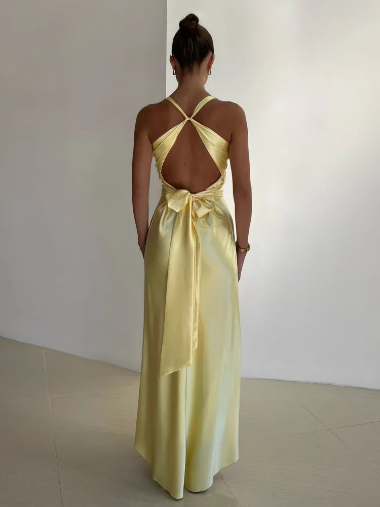 Women’s Satin Halter Neck Maxi Dress – Ruched Backless Evening Gown