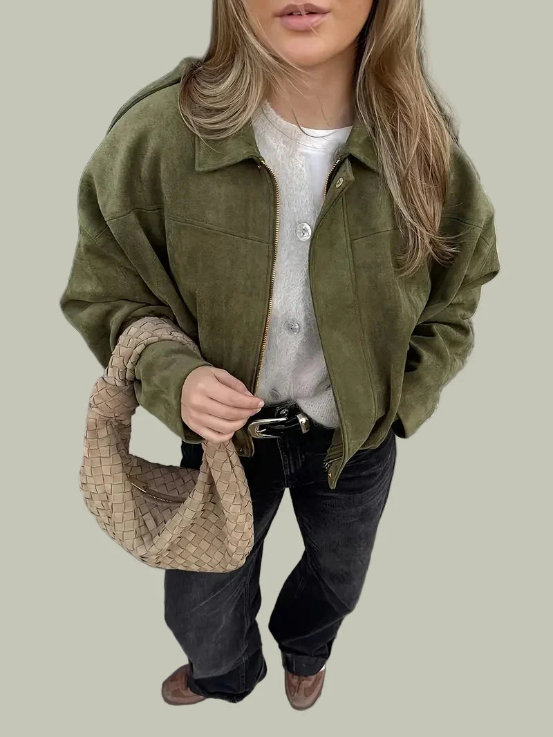 Women’s Short Jacket – Faux Suede, Oversized, Elasticated Hem