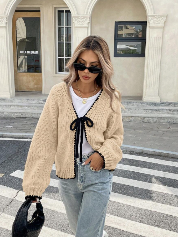 Women’s Tie-Front Cardigan – Cropped Knit Layer with Contrast Trim