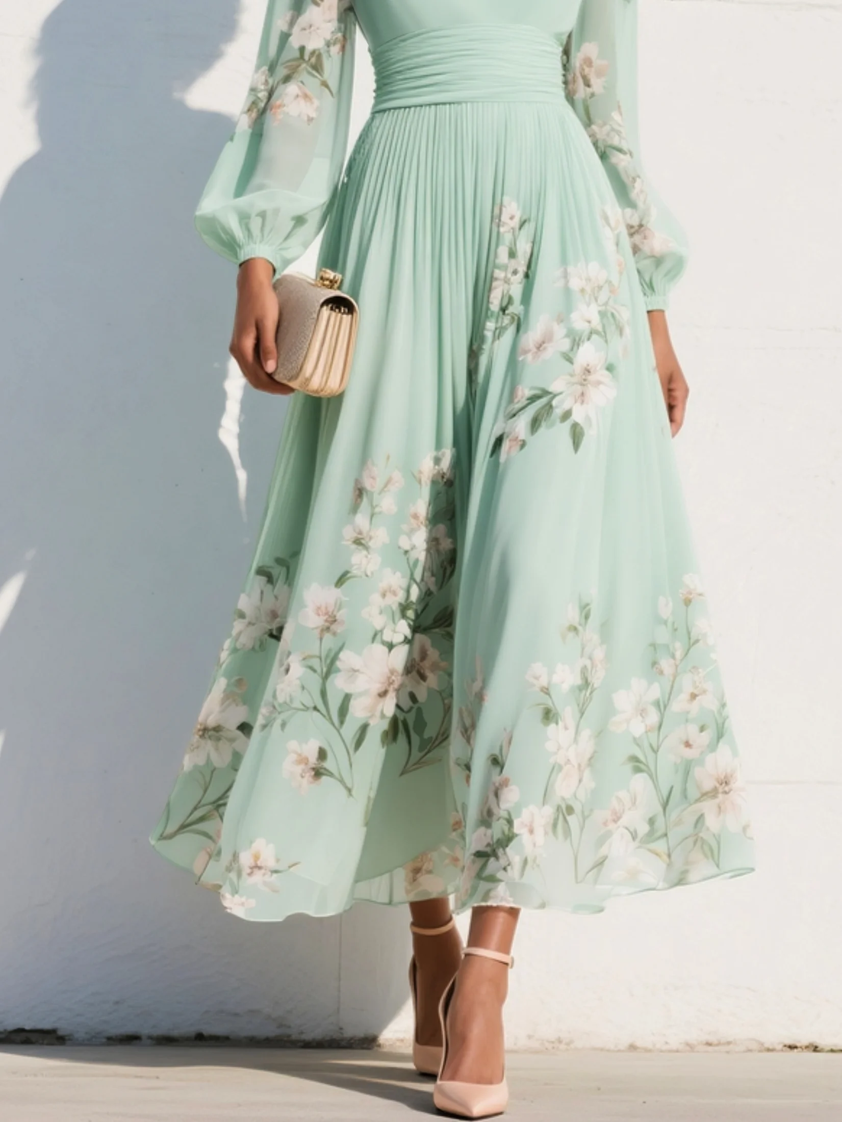 Isadora | Floral Border Pleated Maxi Dress