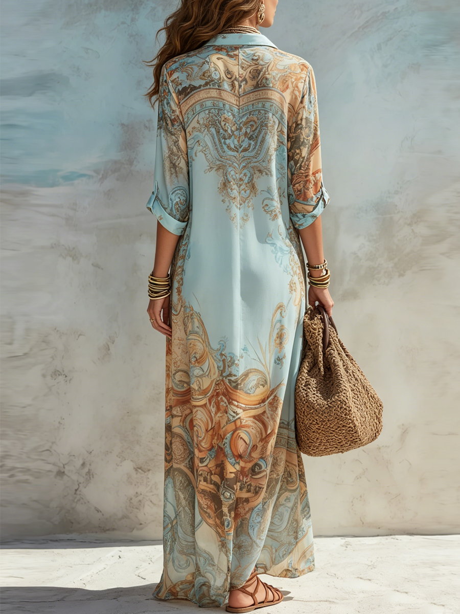 Arabella | Baroque Print Button-Through Maxi Dress