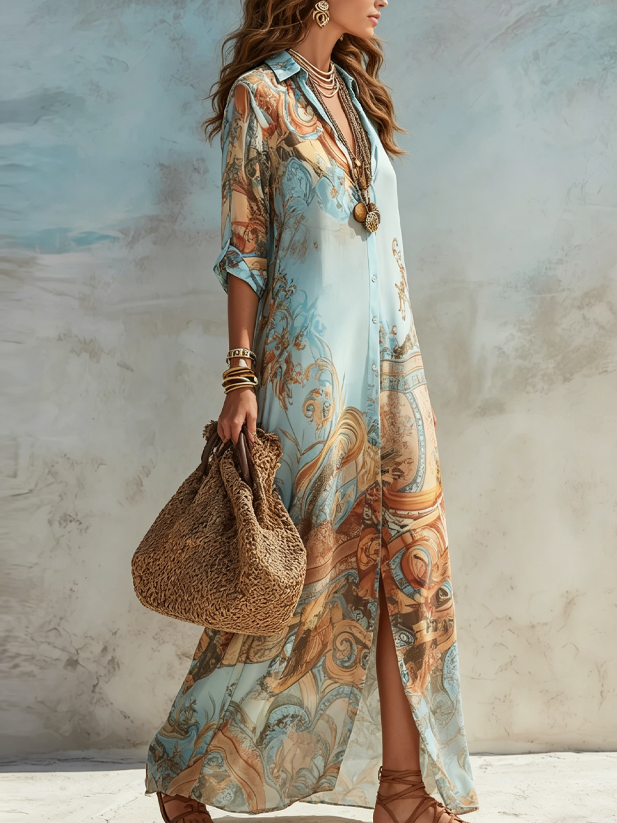 Celeste | Baroque Print Maxi Shirt Dress