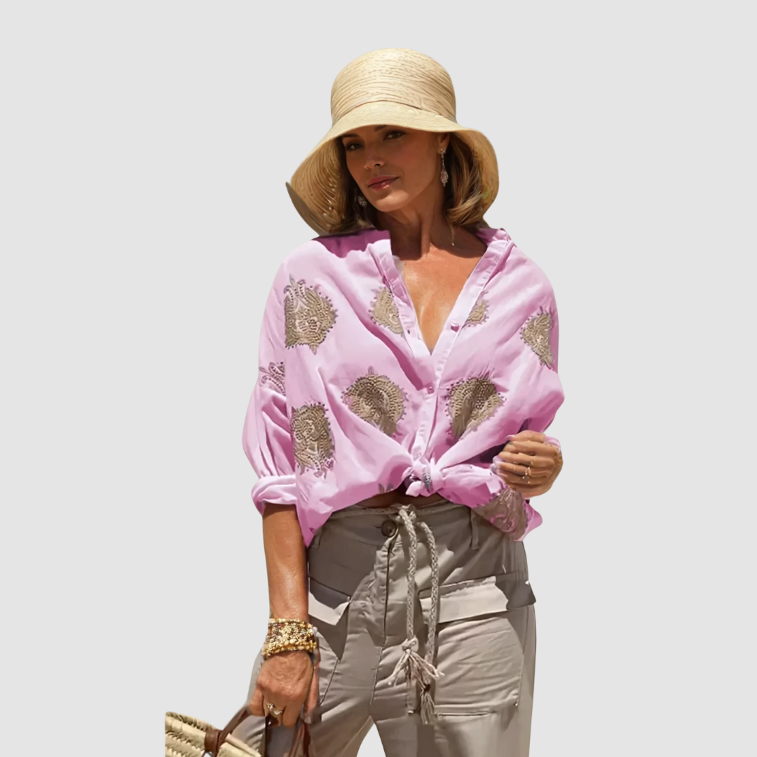 Celeste | Gold Embroidered Tie-Front Blouse
