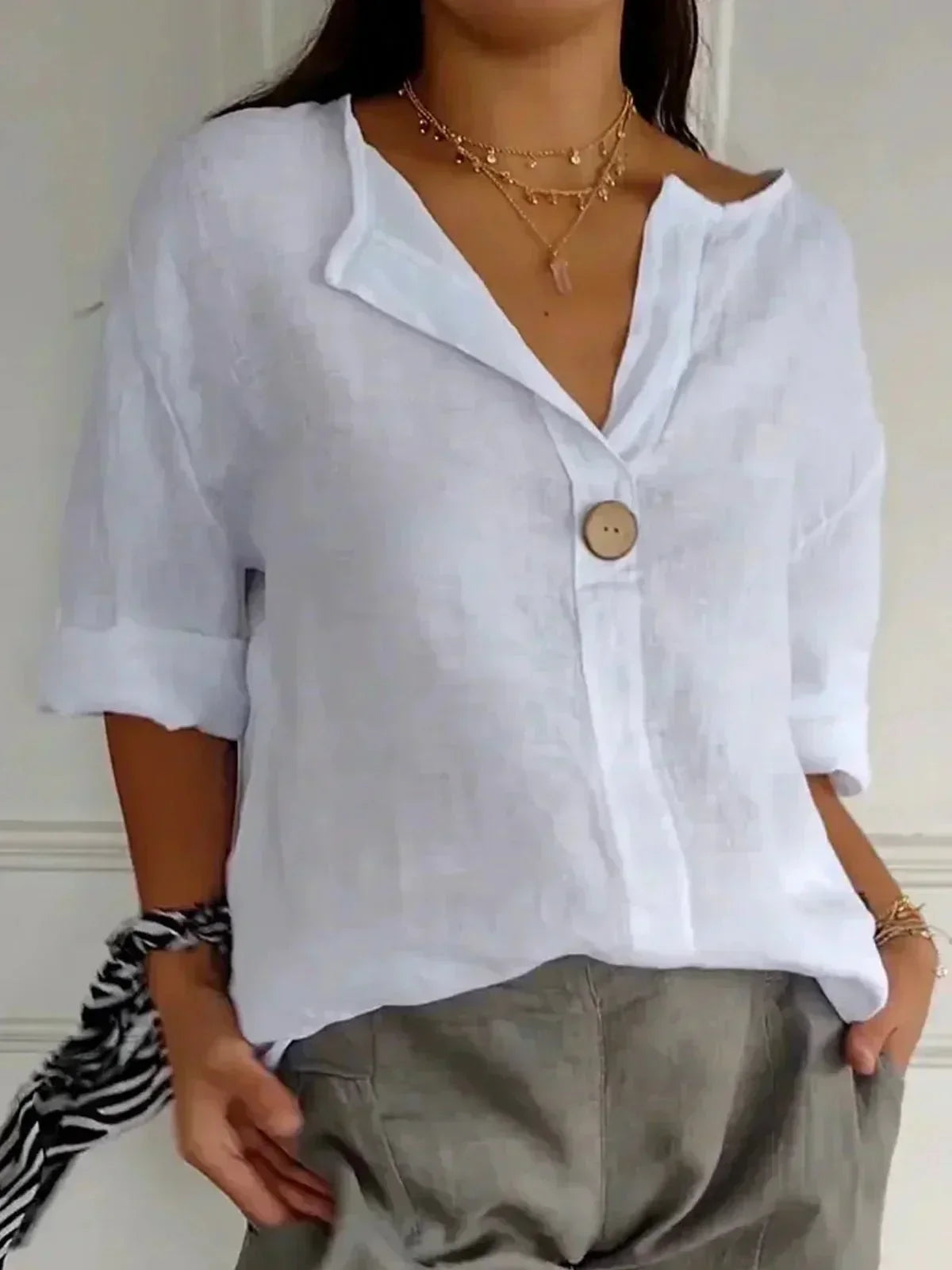 Clara | V-Neck Wooden Button Blouse