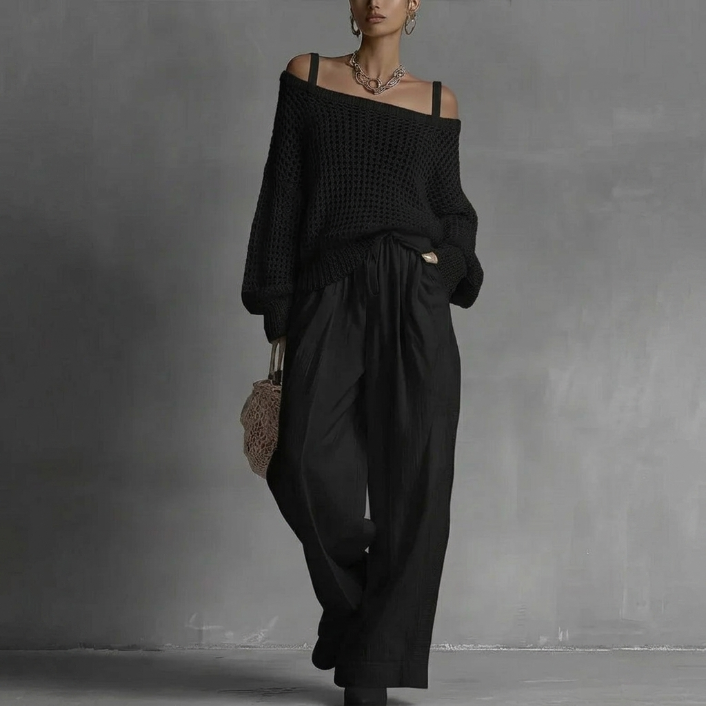 Rosalind | Open-Knit Bardot Top & Wide-Leg Trouser Co-ord Set