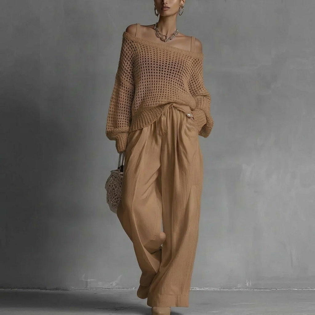 Rosalind | Open-Knit Bardot Top & Wide-Leg Trouser Co-ord Set