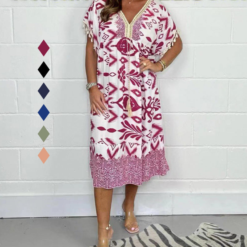 Printed A-Line Dress V-Neck Drawstring Waist