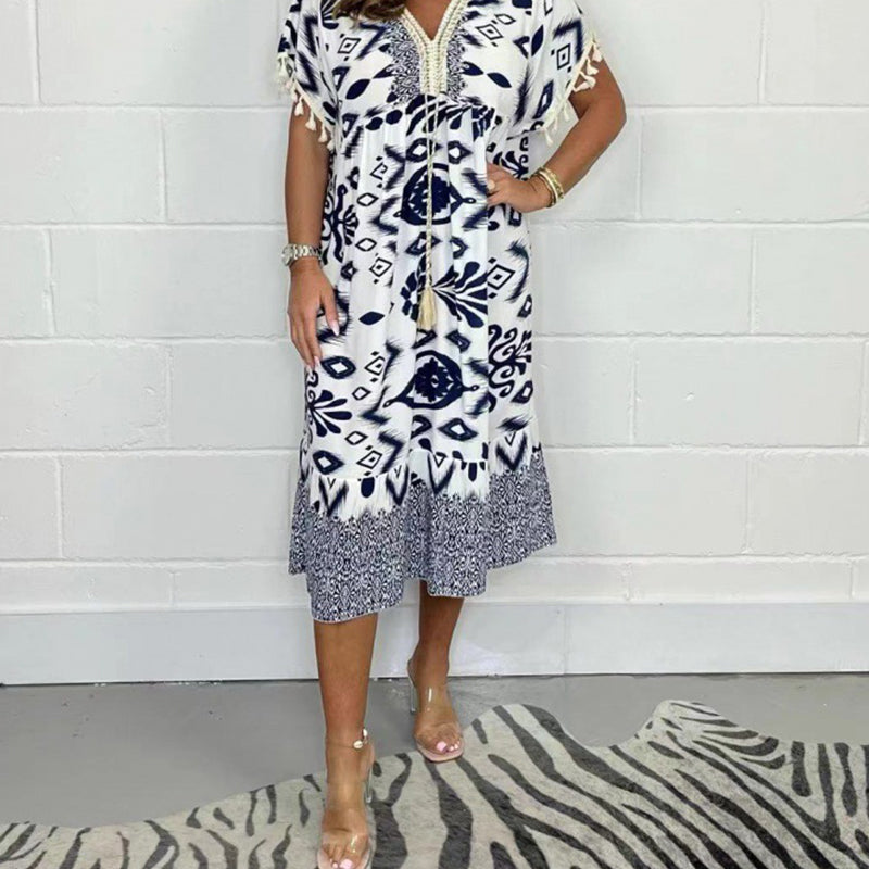 Printed A-Line Dress V-Neck Drawstring Waist