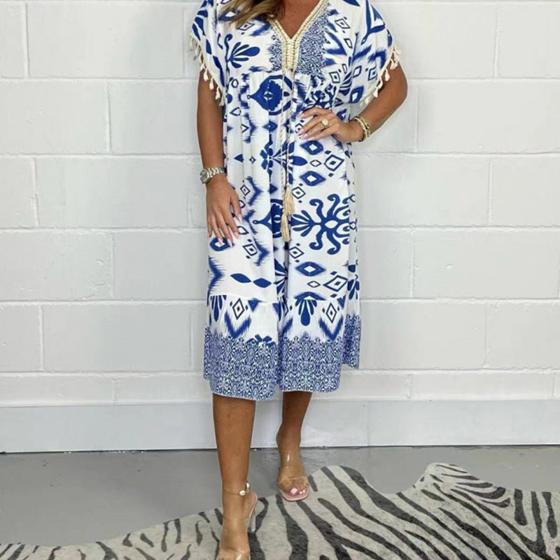 Printed A-Line Dress V-Neck Drawstring Waist